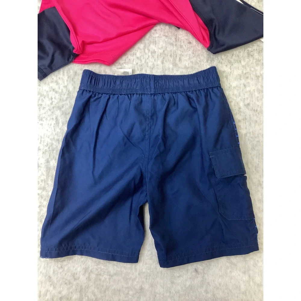 Reebok Boys 2 Piece Swim Set Rash Guard Shorts Laser Pink Navy Blue Size 6